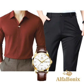 Kit Social em Tecido Premium com Camisa + Calça + Relógio [PROMOÇÃO]